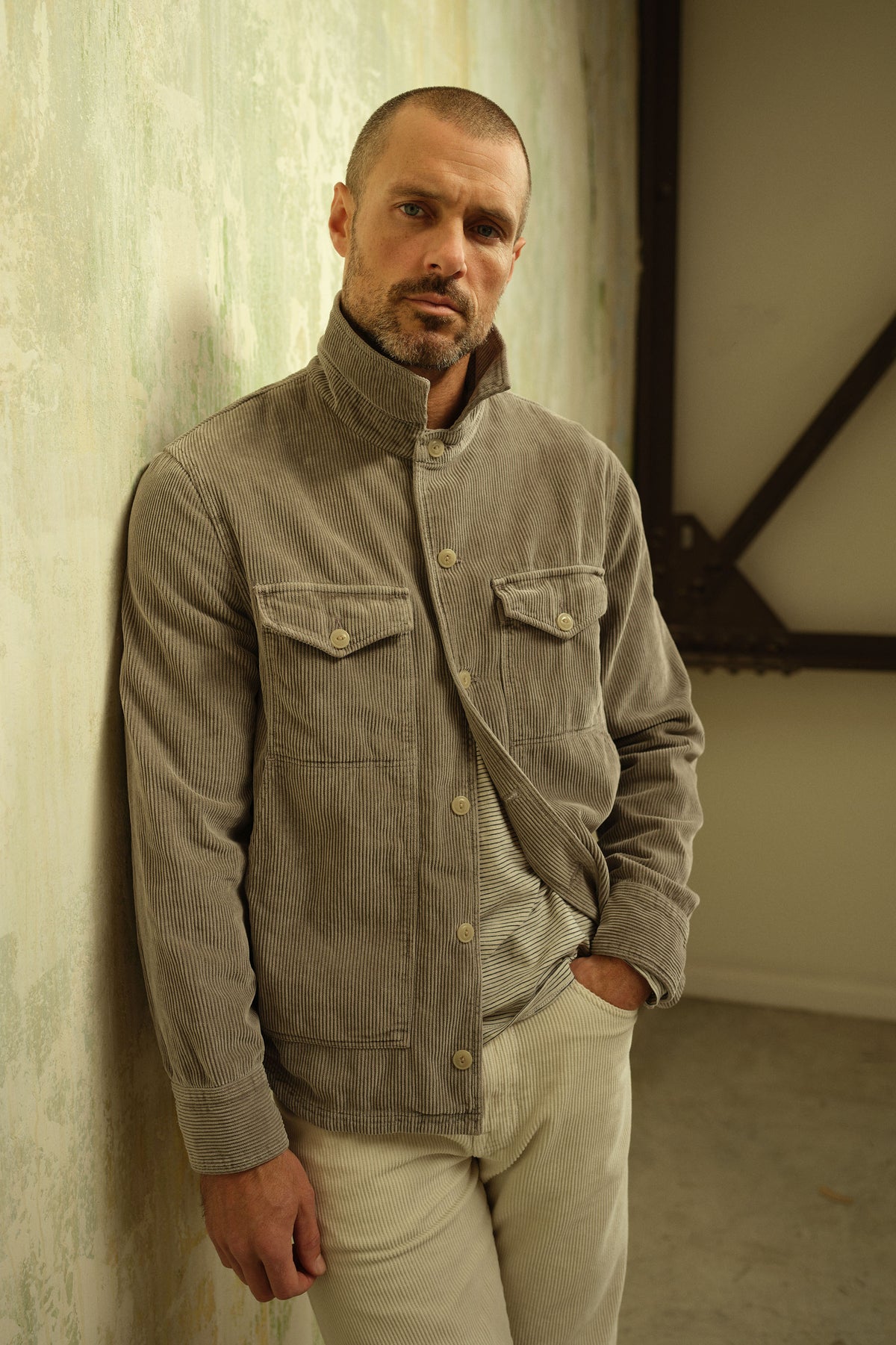Wide wale corduroy trucker jacket, stone gray, button-front with flap chest pockets