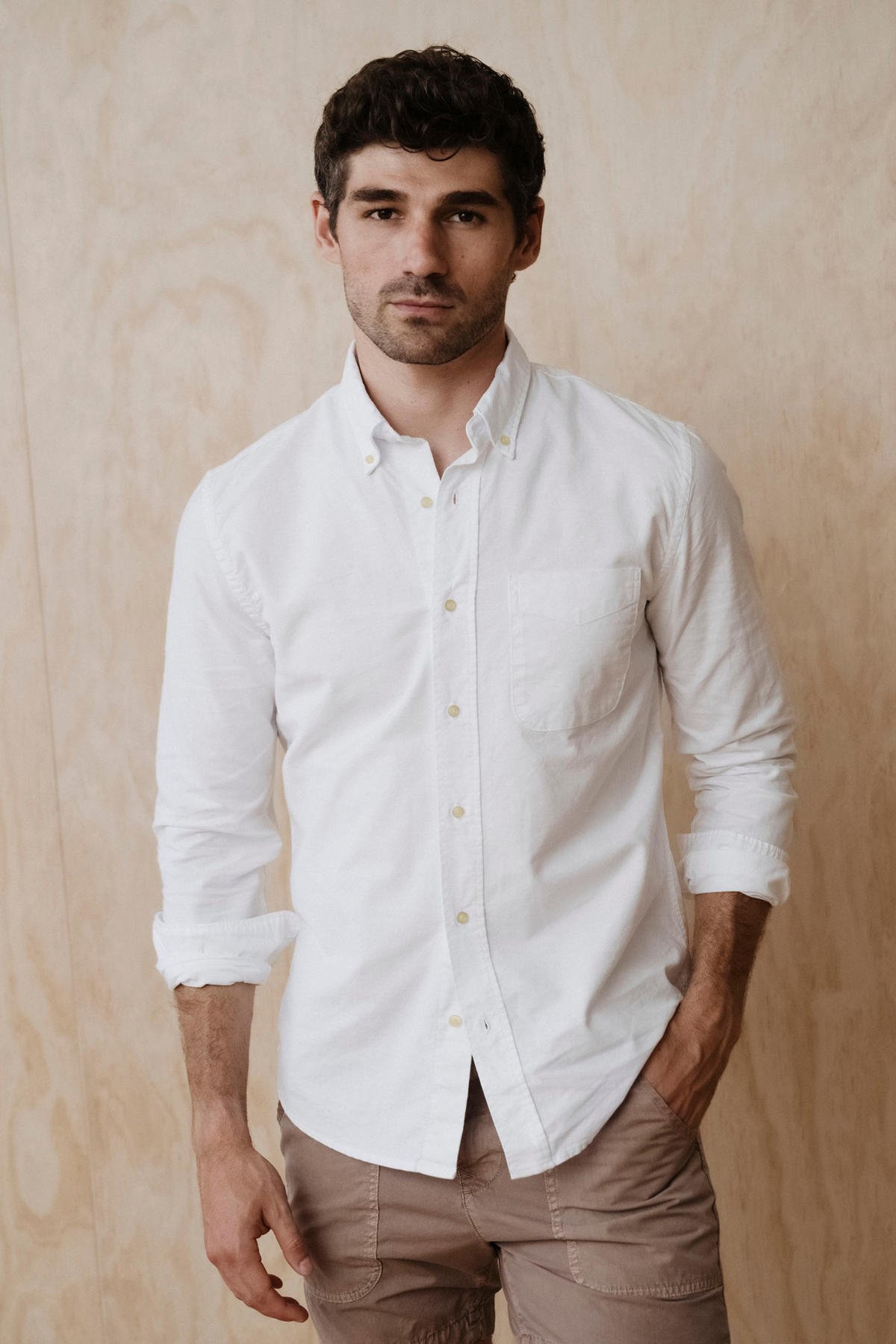 Men's oxford button-up shirt, white, long sleeves with buttoned cuffs and chest pocket