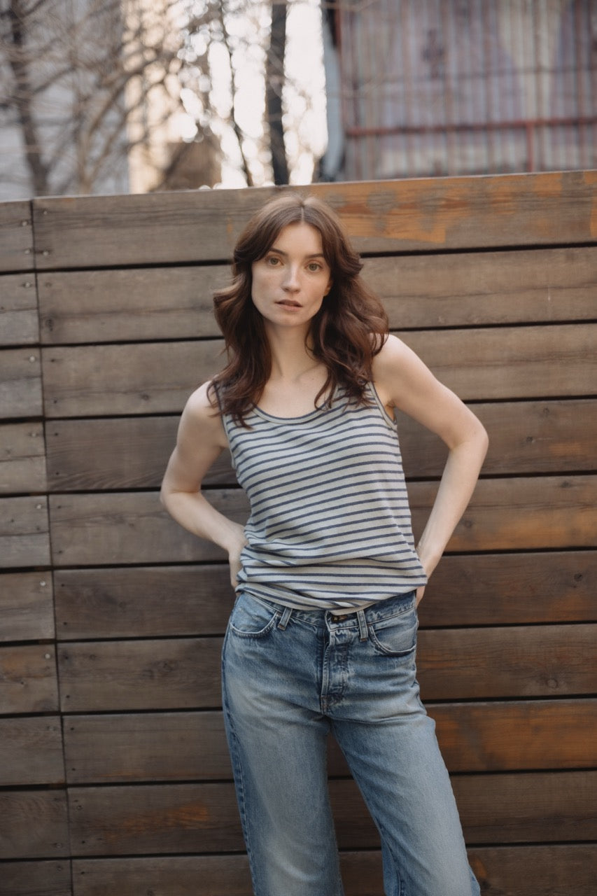 Boyville hemp stripe tank on model, sleeveless crew neck with navy-and-white stripes