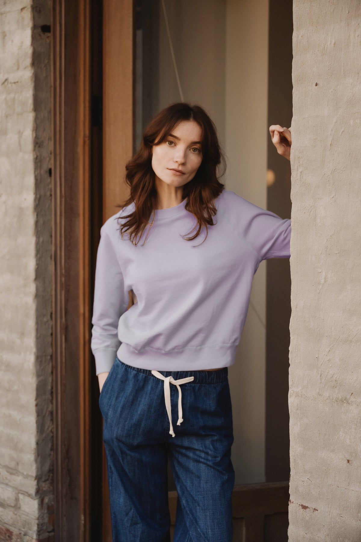 Boys 3/4 sleeve sweatshirt, lavender crew neck with ribbed cuffs and hem