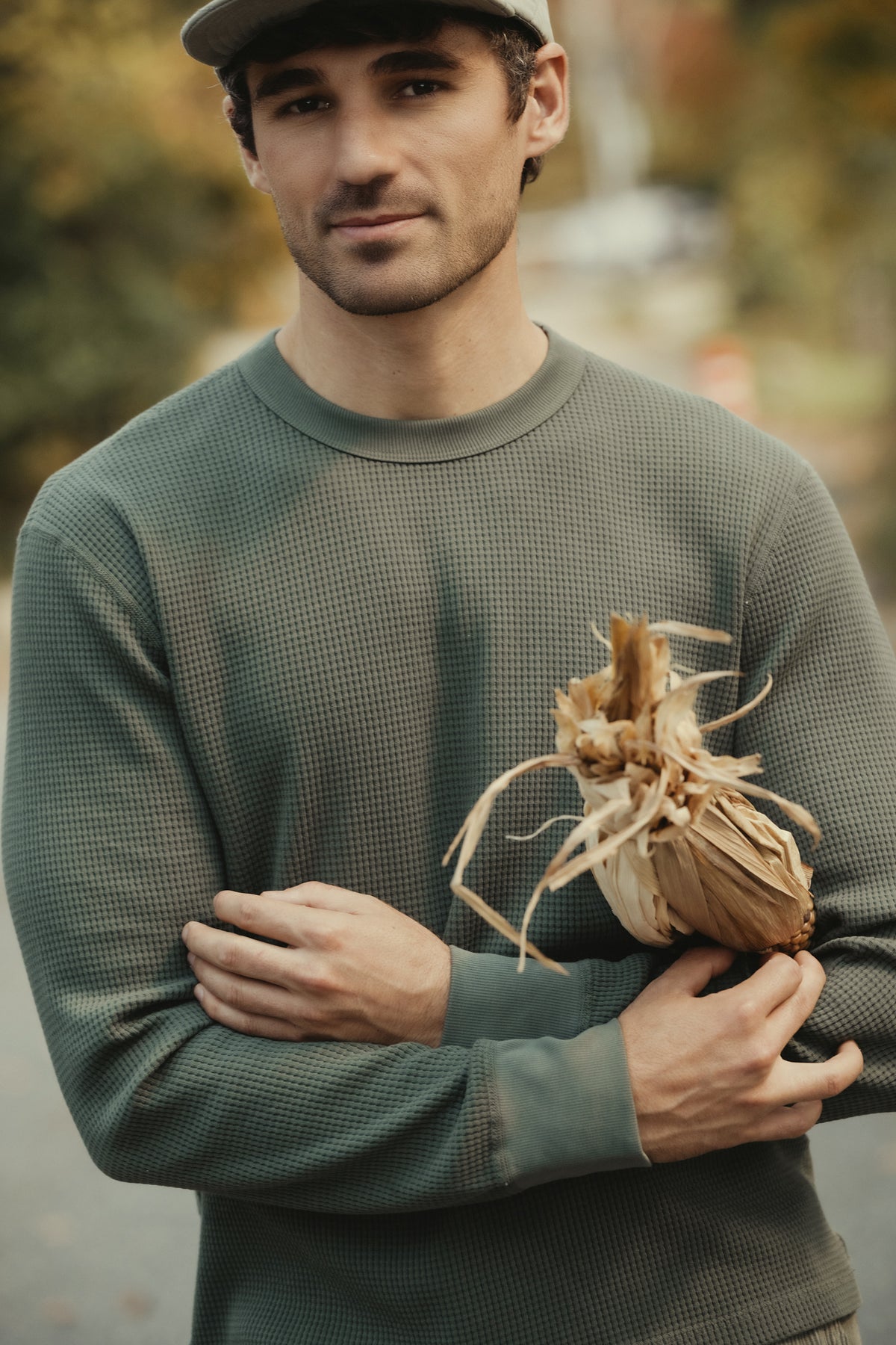 Basil waffle-knit crew tee, long-sleeve knit shirt with crew neckline