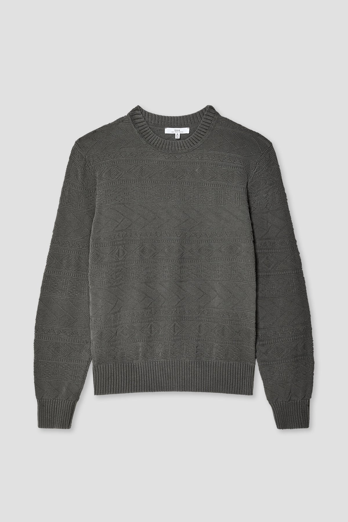 Dark gray knit sweater with crew neck and textured geometric yoke