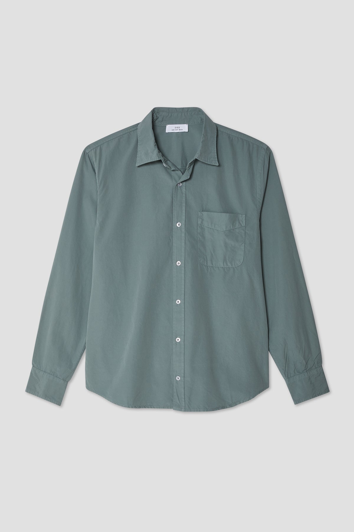 Teal poplin button-up shirt with long sleeves, button front, and chest pocket