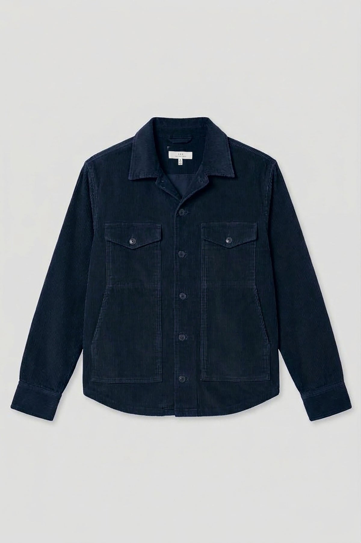 Dark corduroy trucker jacket with a button front, pointed collar, and two chest pockets