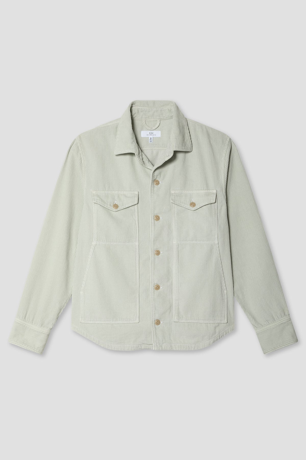 Surplus green corduroy trucker jacket with button front and four pockets.