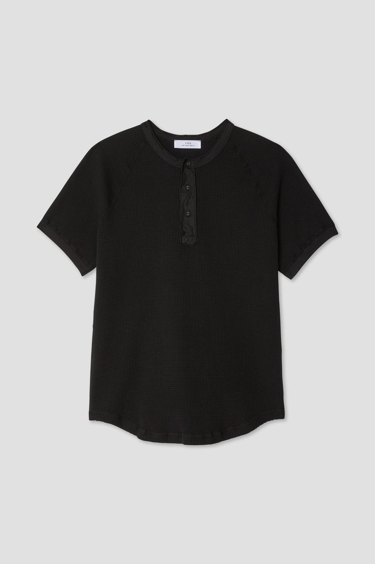 Black waffle henley shirt with henley neckline and three-button placket