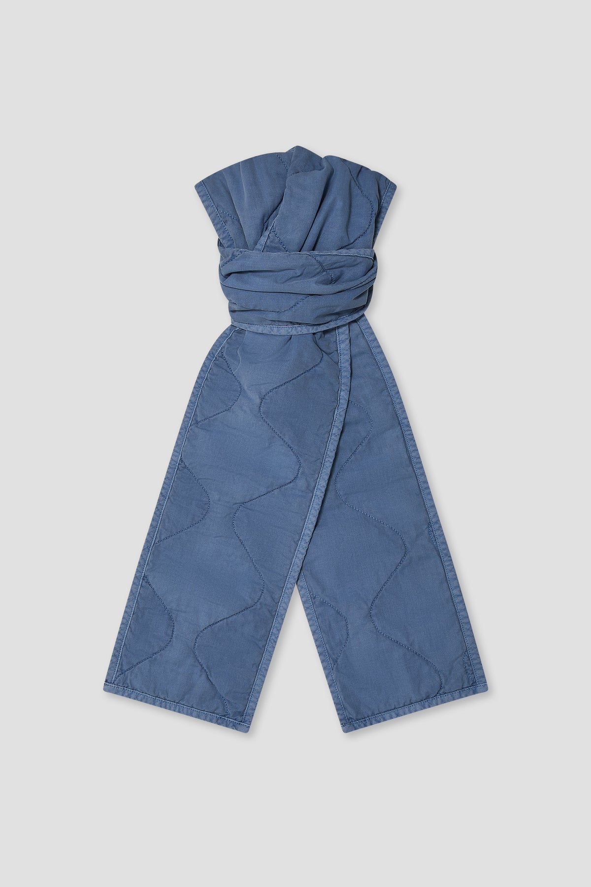 Blue quilted scarf with twisted knot and stitched diamond quilting