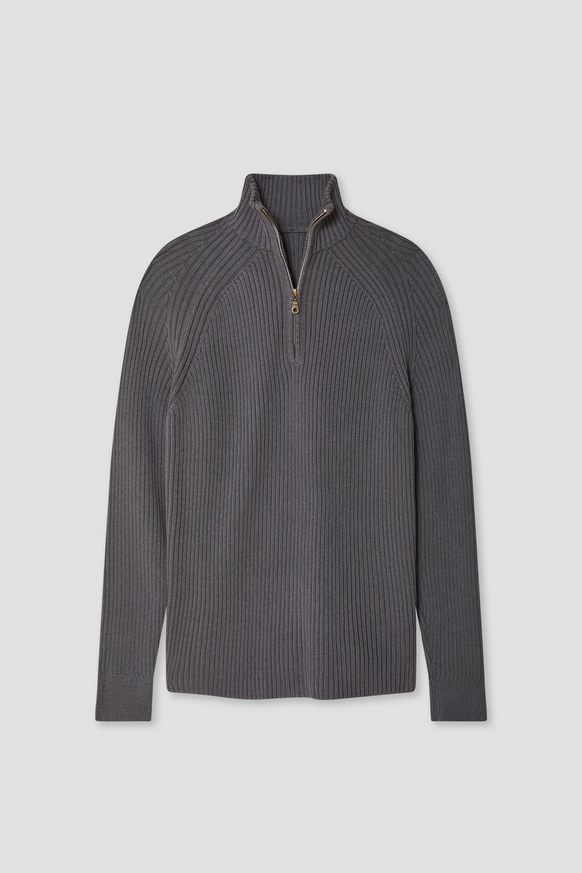 Gray cotton 1/4 zip sweater, ribbed knit quarter-zip with metal zipper