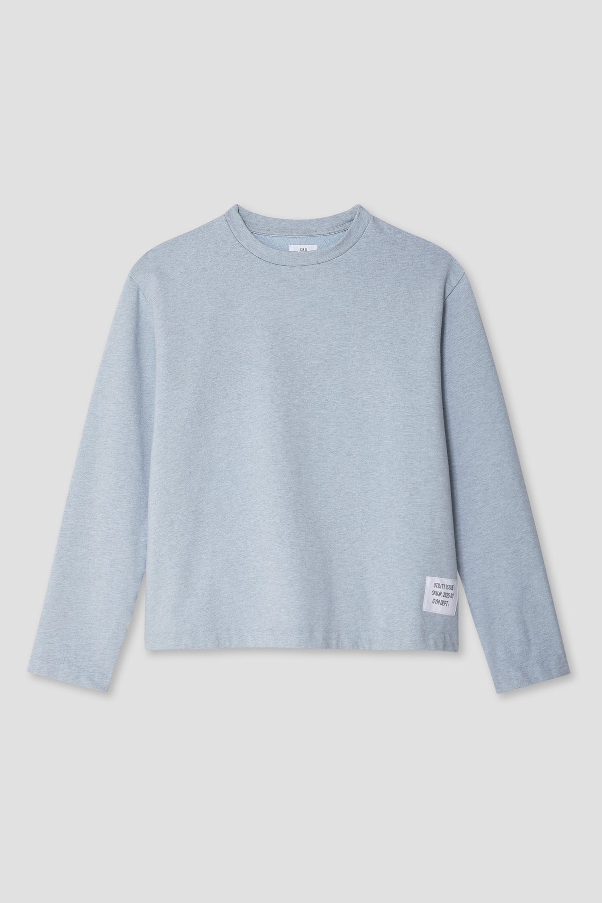 Light blue crewneck terry sweatshirt with long sleeves and ribbed neckline