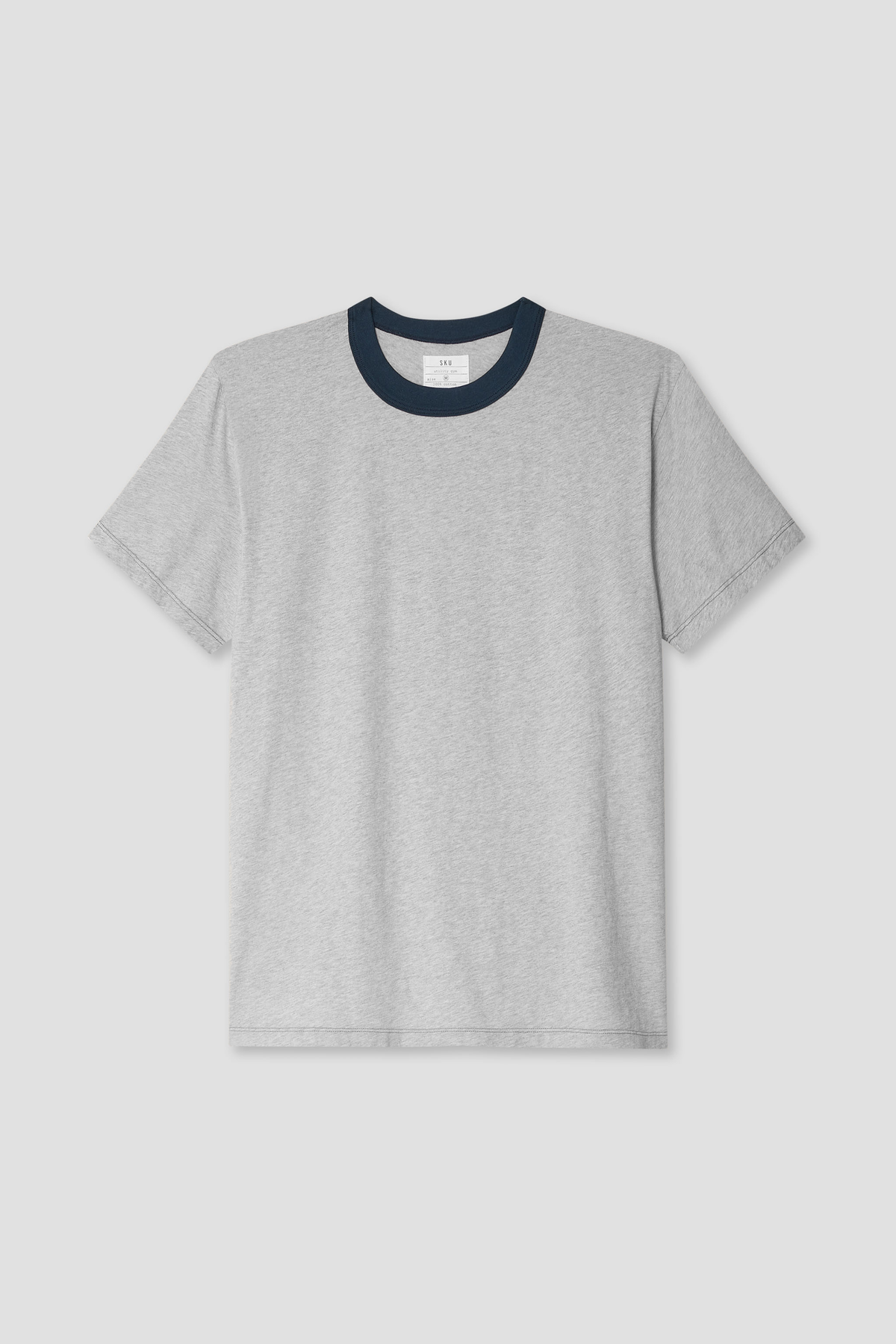 Men's heather grey ringer tee with navy crew collar, short sleeves front view