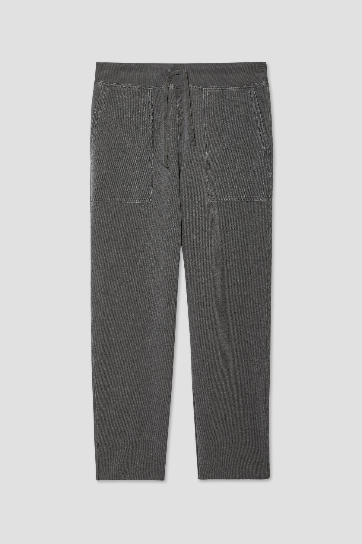 Dark gray terry sweatpants with drawstring waist and patch pockets