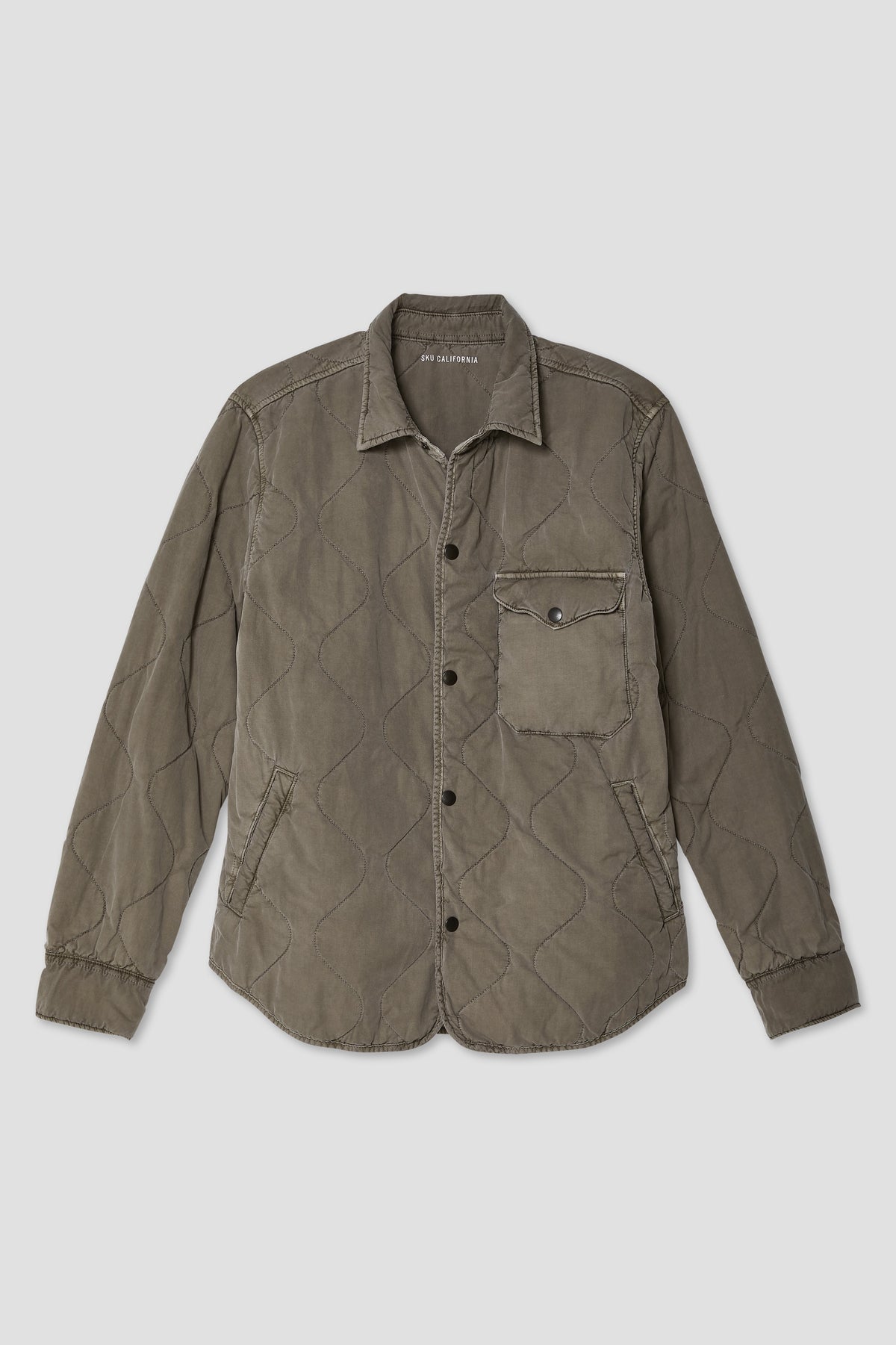 Quilted shirt jacket in mocha with button front and chest pocket