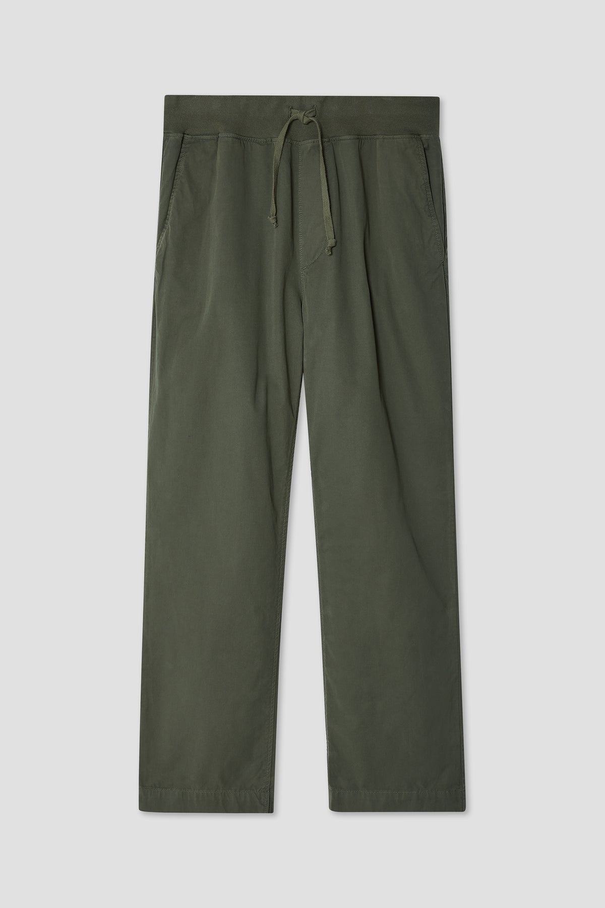 Green twill pants with drawstring waist and straight legs