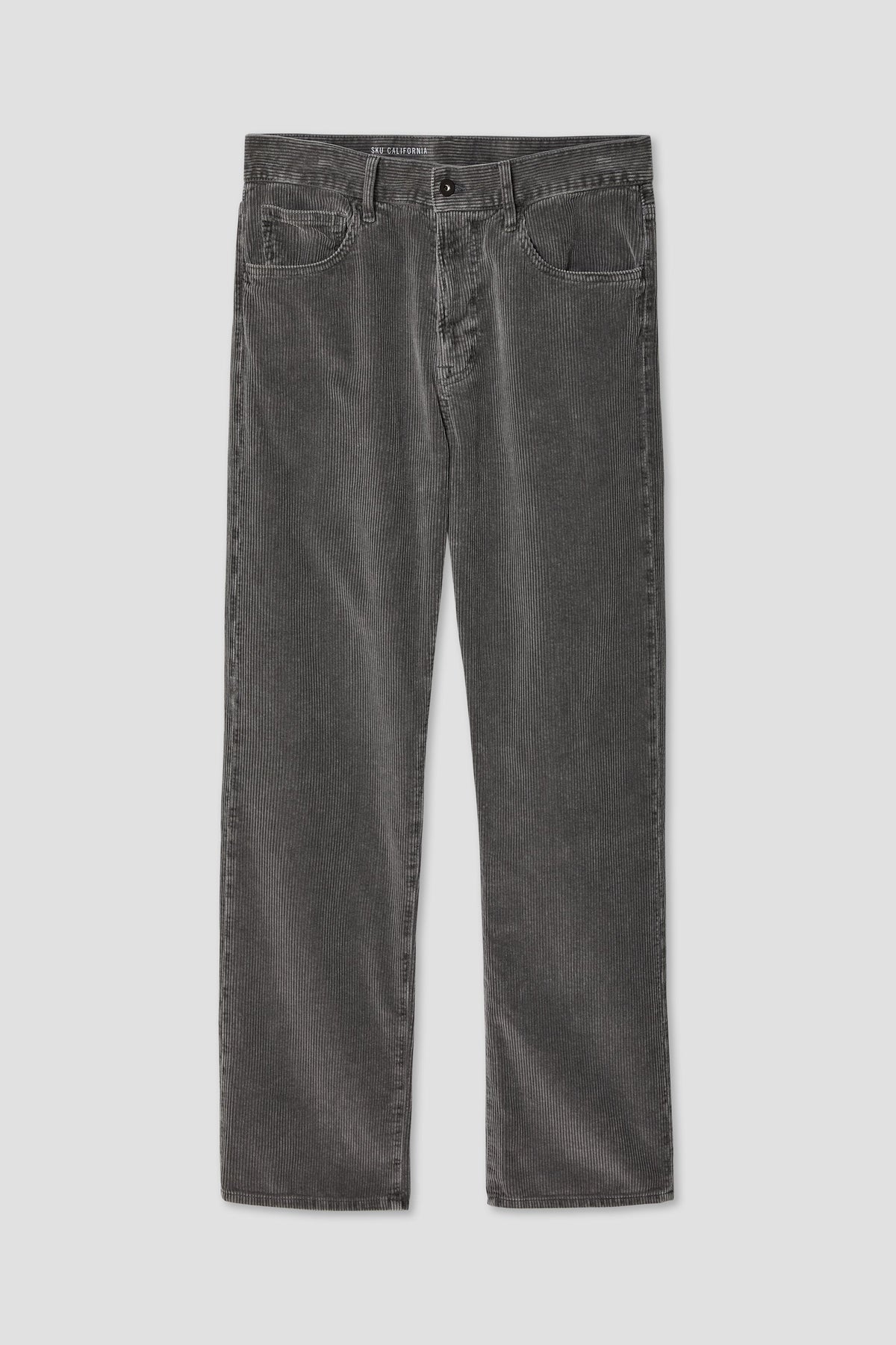 Dark charcoal 5-pocket cord jeans with five-pocket styling and straight legs.