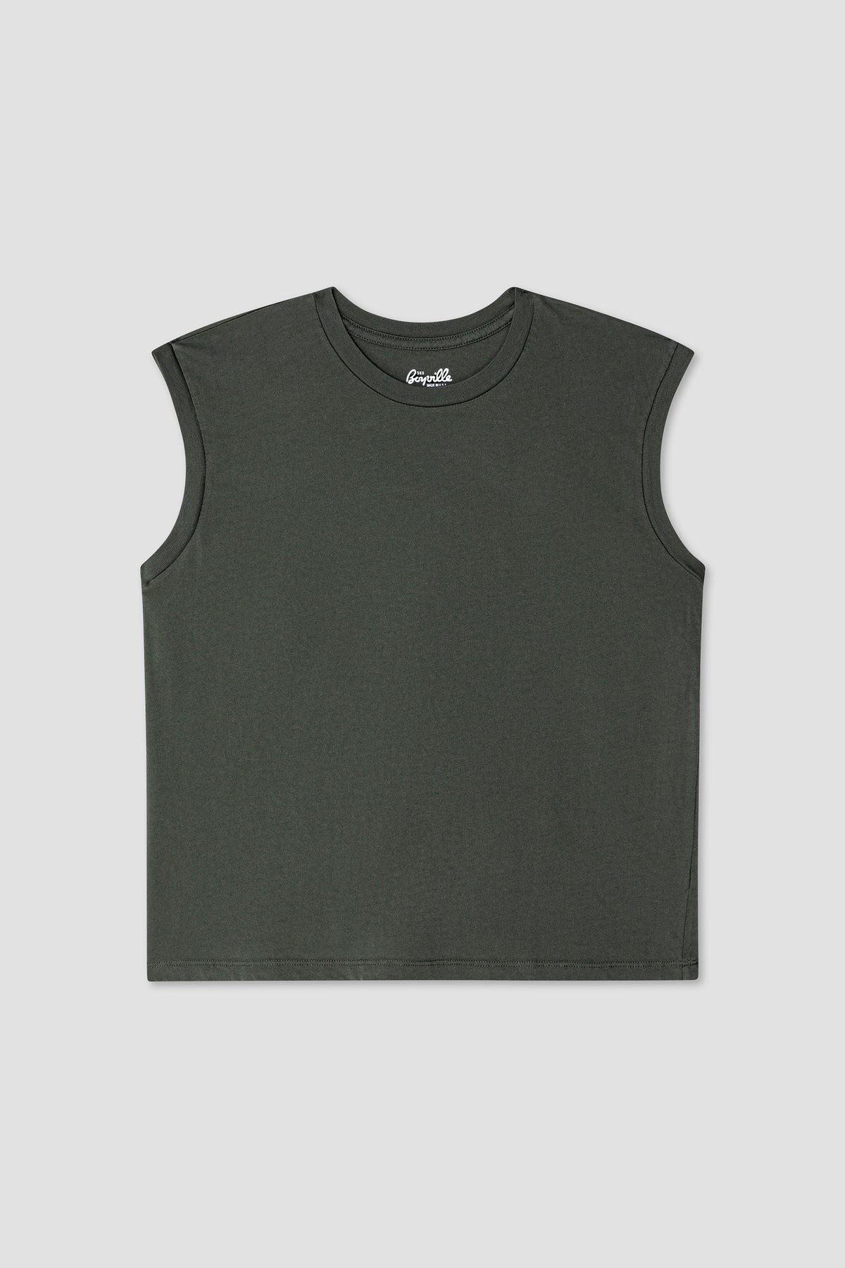 Boys' sleeveless muscle tee in dark olive green, crew neck, short hem