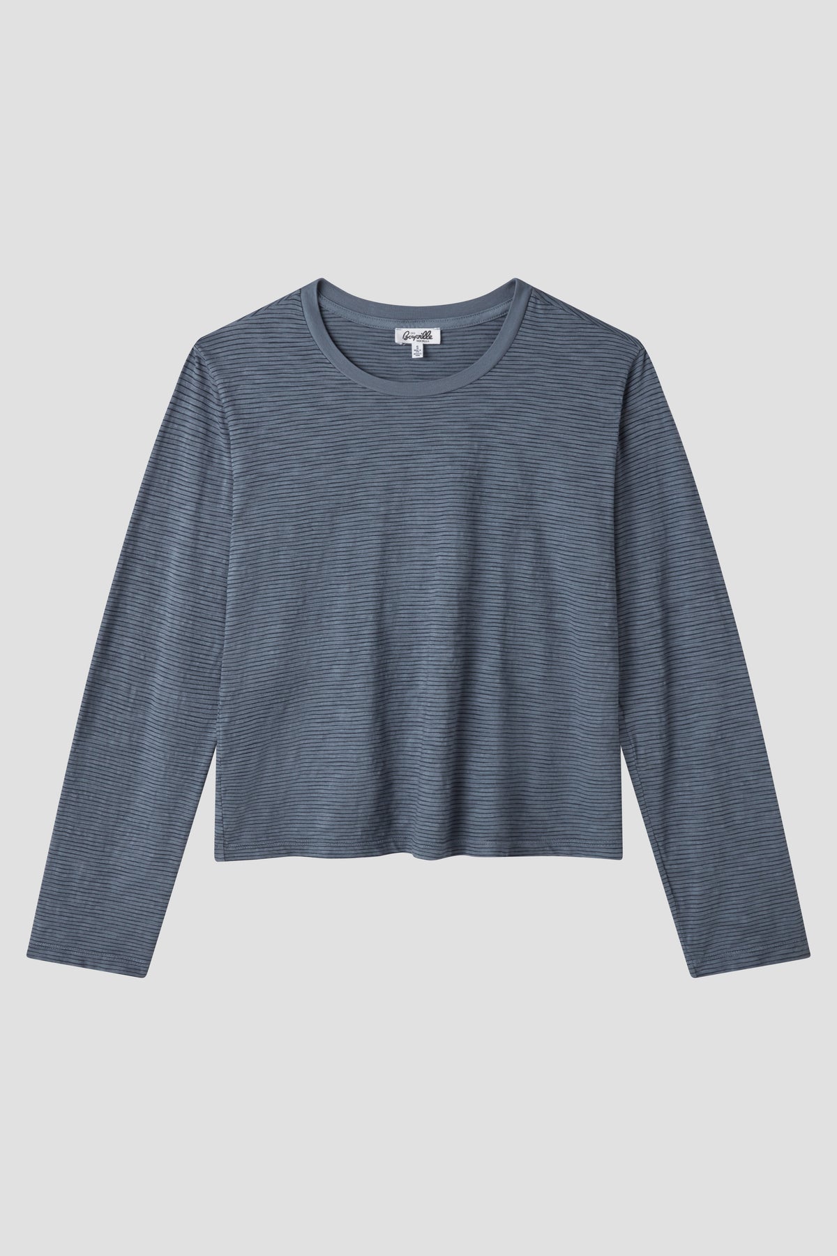 Long-sleeve thin stripe boy tee, blue with thin stripes, crew neck, long sleeves