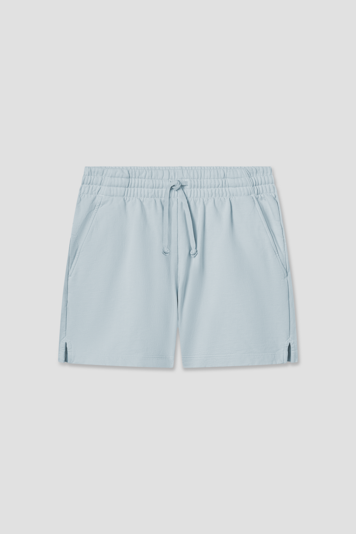 Sky blue drawstring sweat shorts with elastic waistband and side pockets