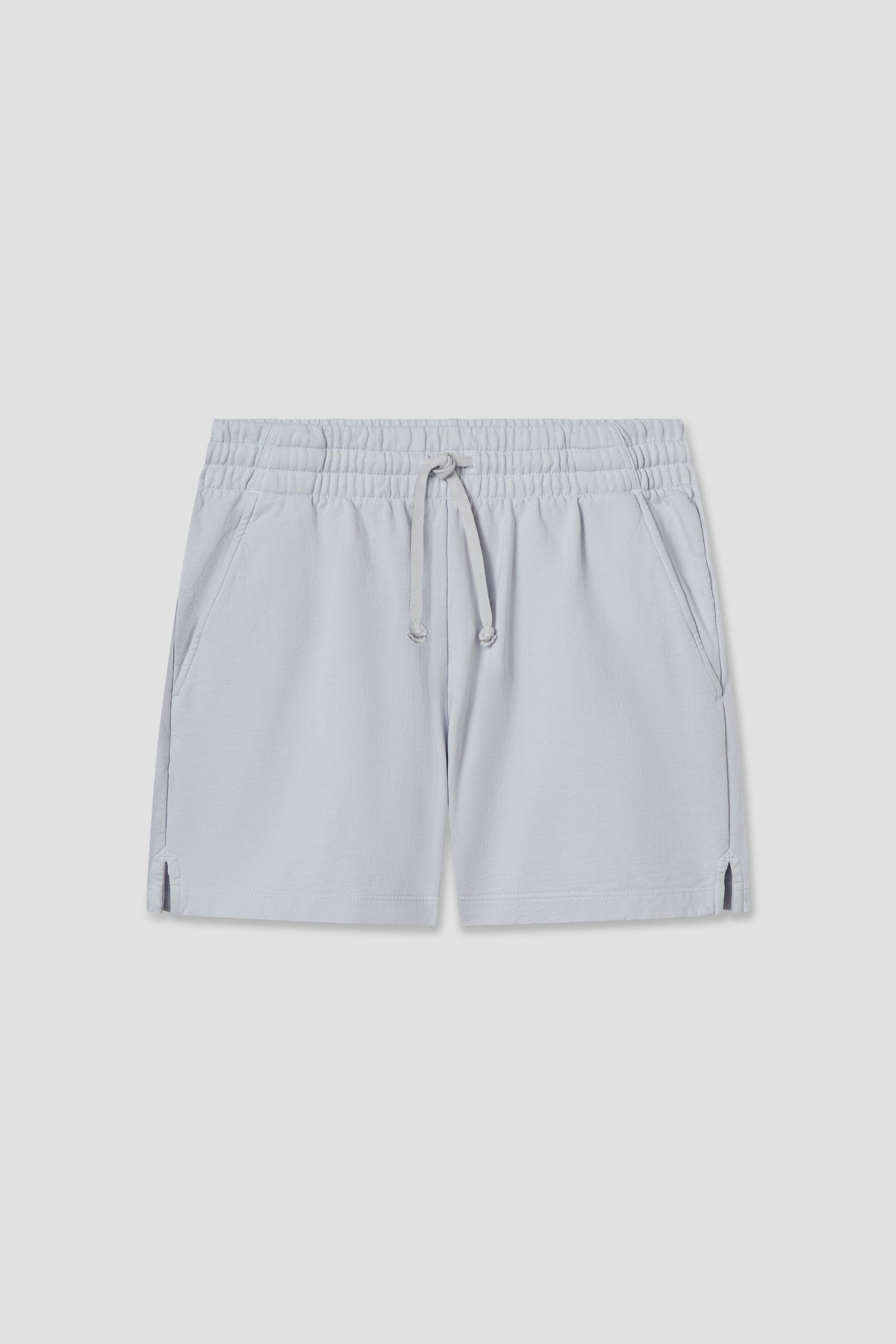 Light blue drawstring sweat shorts with elastic waistband and side pockets
