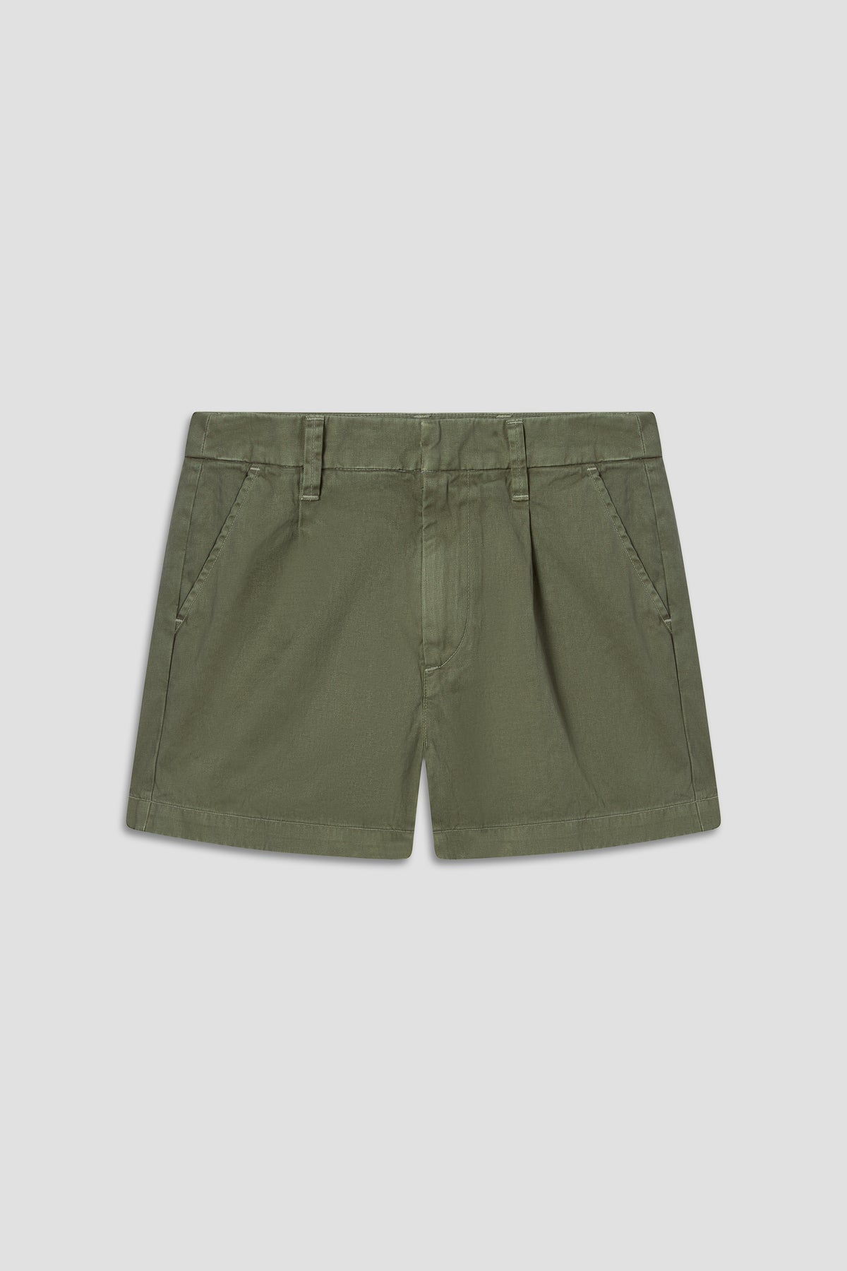 Green pleated twill shorts with belt loops, front fly, and side pockets