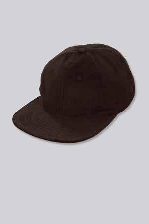 Brown corduroy baseball cap with curved brim and stitched top button