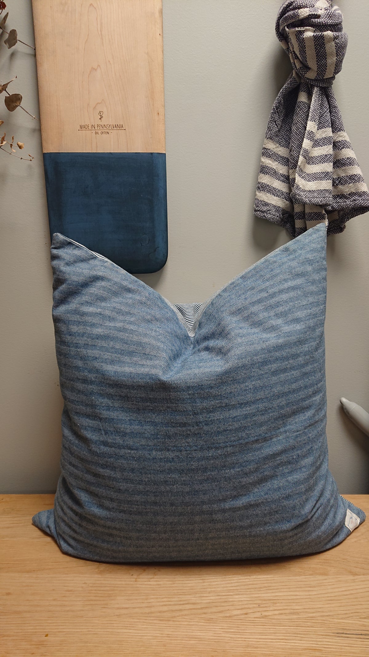 Indigo Stripe Pillow Stripes Front and Herringbone Back