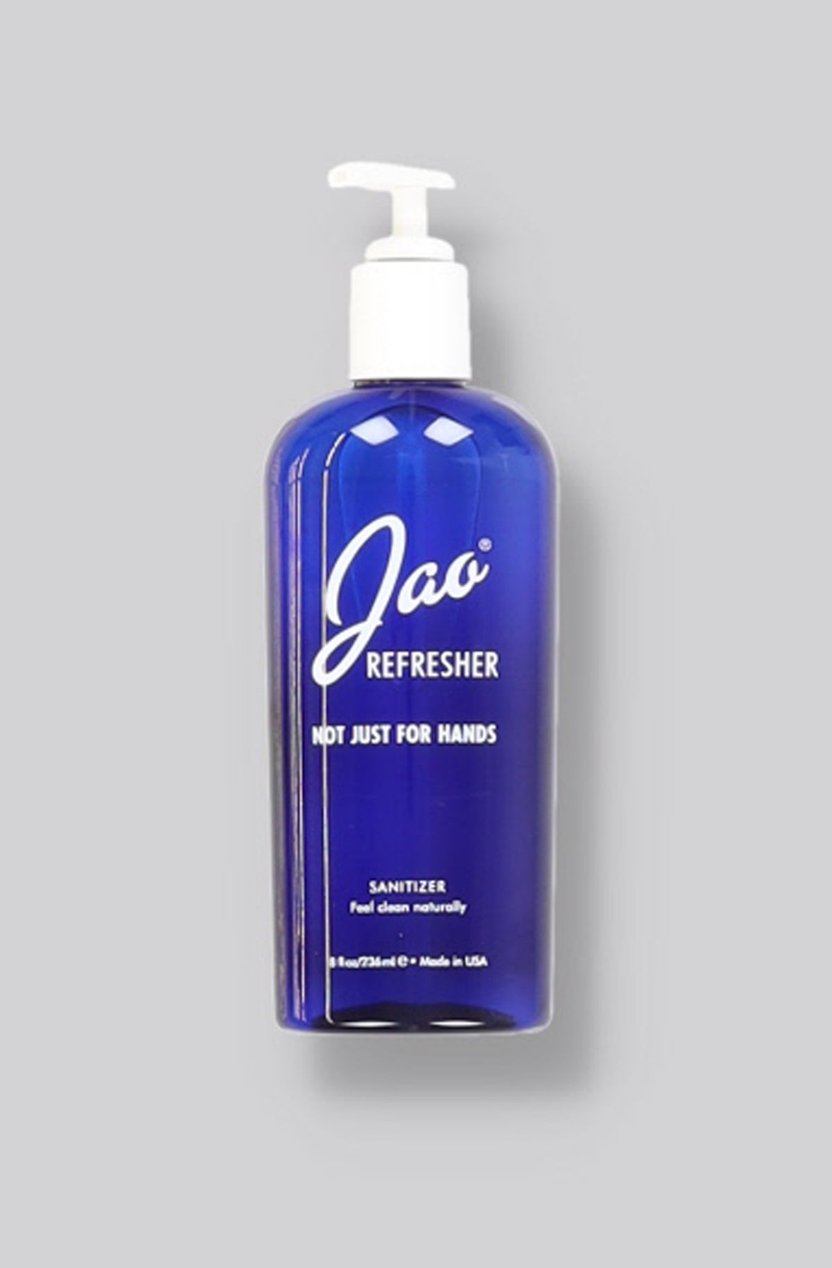 Jao refresher hand sanitizer bottle with white pump dispenser