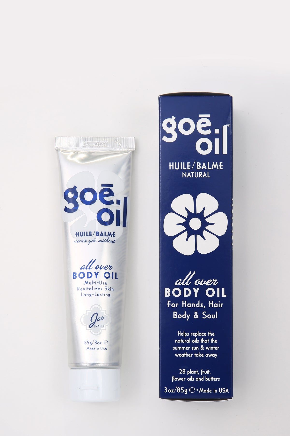Jao Brand Goe body oil tubes with blue and white labels, shown side by side