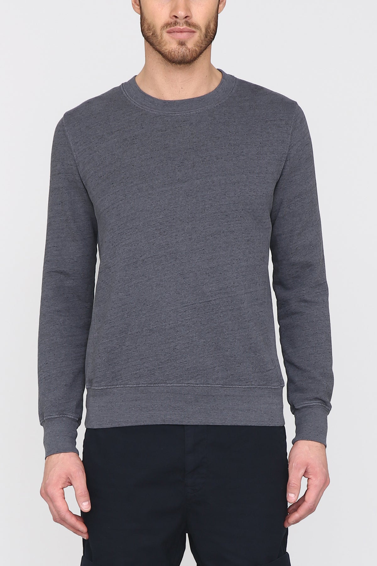 Heather grey French terry sweatshirt with crew neck and long sleeves